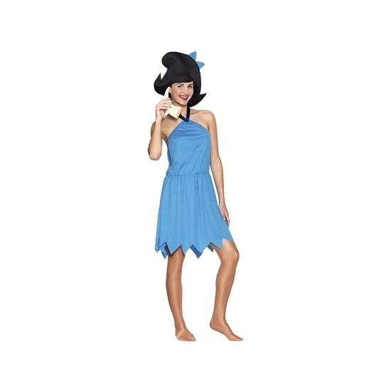 Verkleed jurk Betty - blauw - met haarstrik - voor dames - prehistorisch cartoon thema S/M (T-04) -