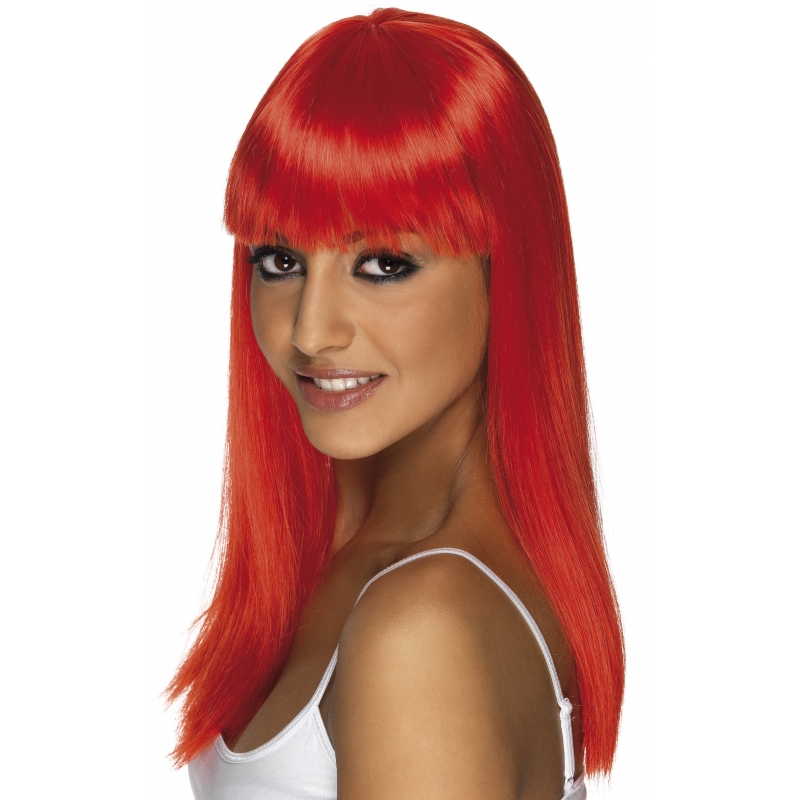 Glamour pruik met neon rood stijl lang haar - voor dames - verkleed pruiken - carnaval -