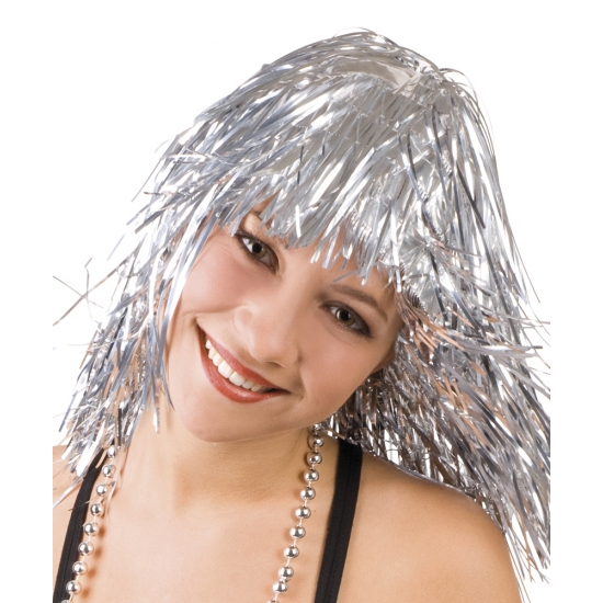 Lurex verkleed pruik - metallic zilver - tinsel slierten pruiken - disco thema -