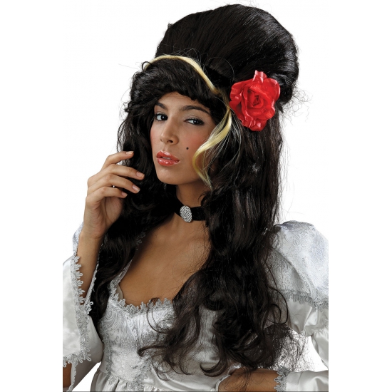Verkleed pruik Amy Winehouse - zwart - met bloem - damespruik celeberties -