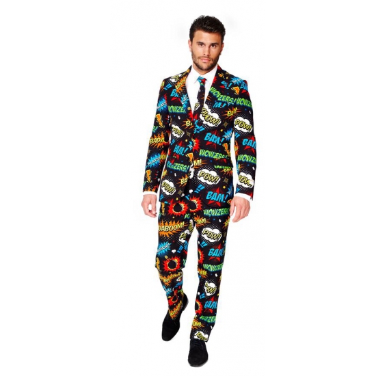 Heren kostuum met comic print 54 (2XL) -