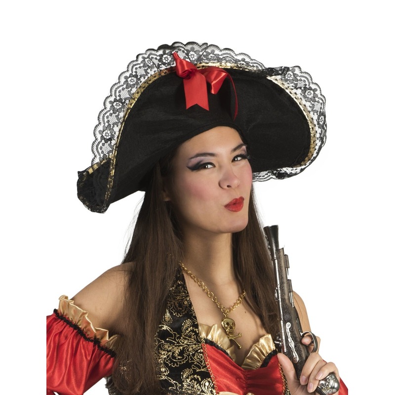 Piratenhoed zwart - met strik - volwassenen - verkleed hoed - piraat - dameshoed -