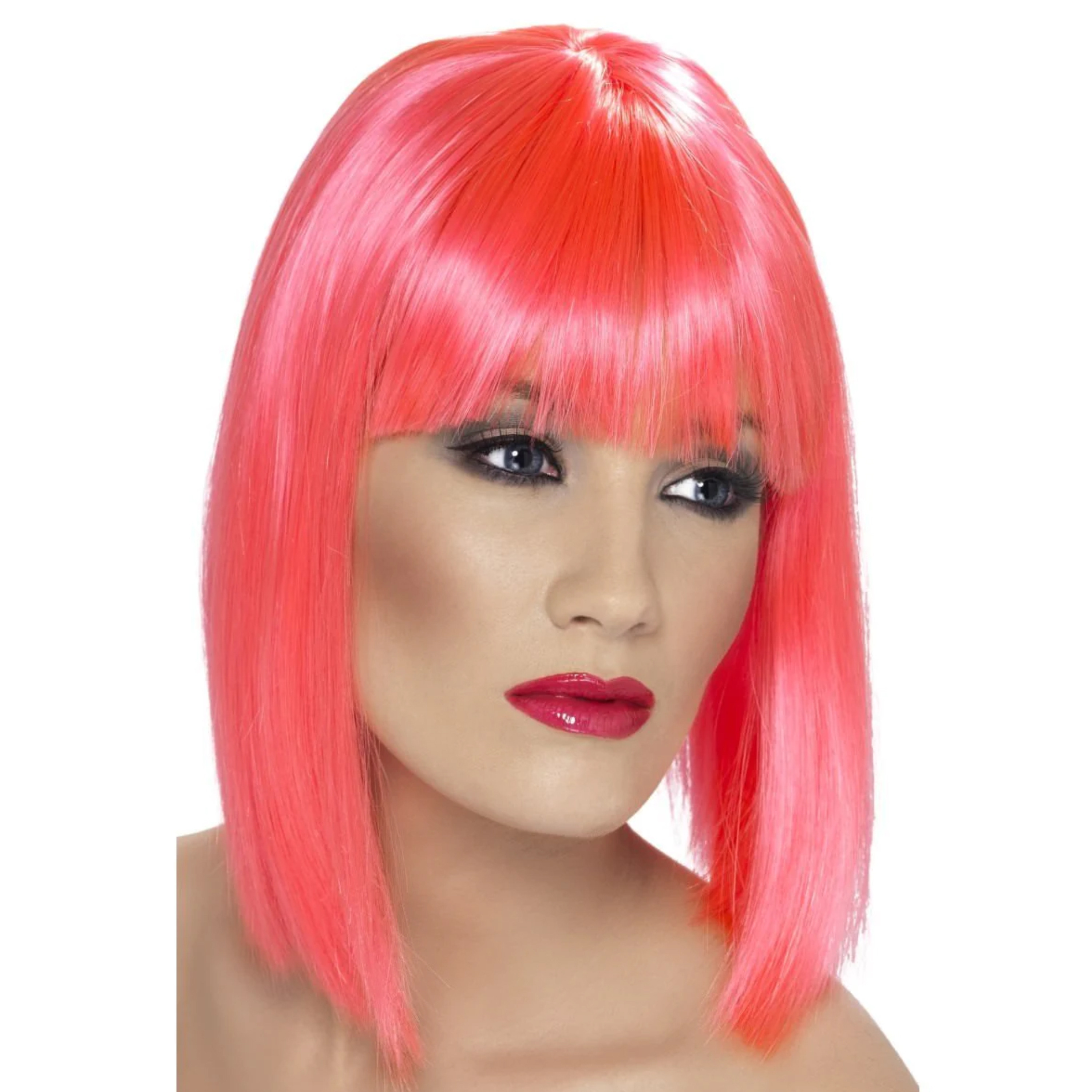 Carnaval verkleed damespruik met pony - roze - half lang haar -