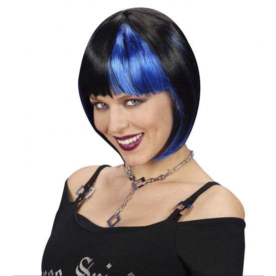 Boblijn pruik zwart met blauw -