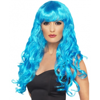 Carnaval verkleed dames pruik - krullen blauw - lang haar - heksenpruik -