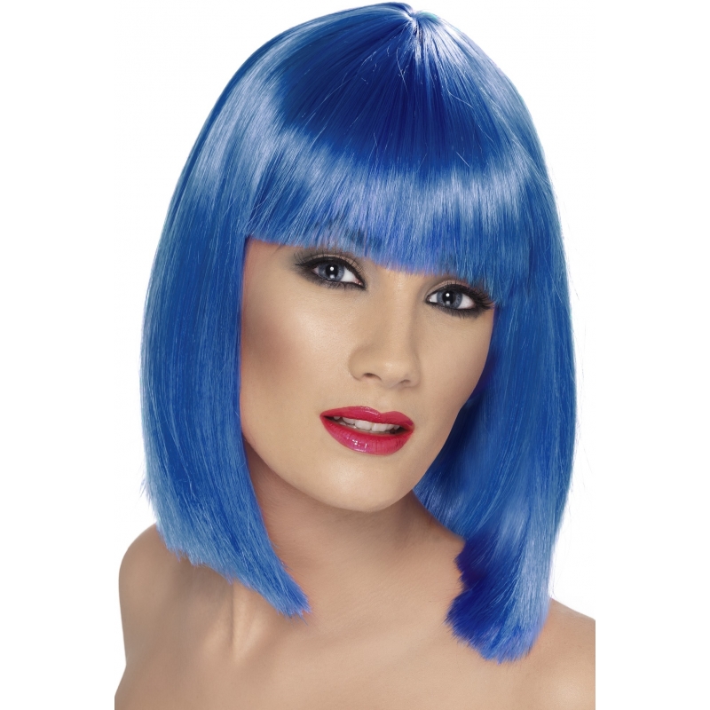 Dames verkleed pruik bobline - blauw - stijl haar met pony - schouderlengte -