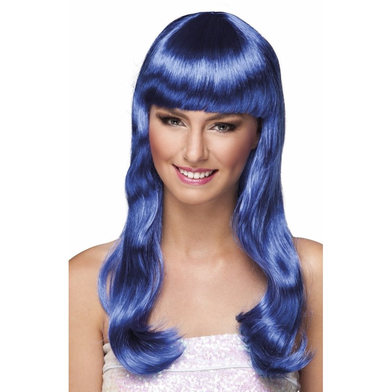 Boland carnaval verkleed dames pruik - blauw - lang golvend haar -