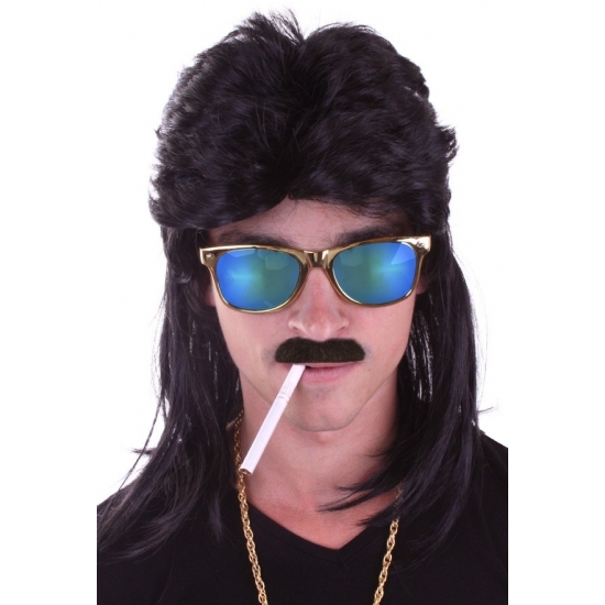 Verkleed - herenpruik met mat - Zwart - 80s pruik - Feestartikelen - Carnaval -