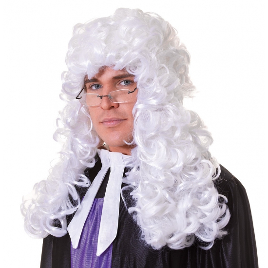 Lange witte rechterpruik met krul -