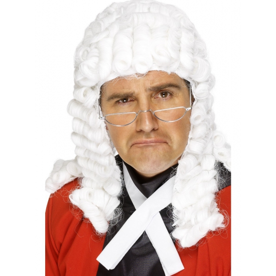 Carnaval verkleed pruik rechter/judge - wit - krullen - heren - klassiek engels model -