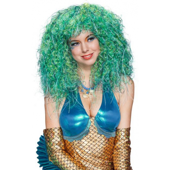Carnaval verkleed zeemeerminnnen Pruik met krullen - dames - blauw met groen -
