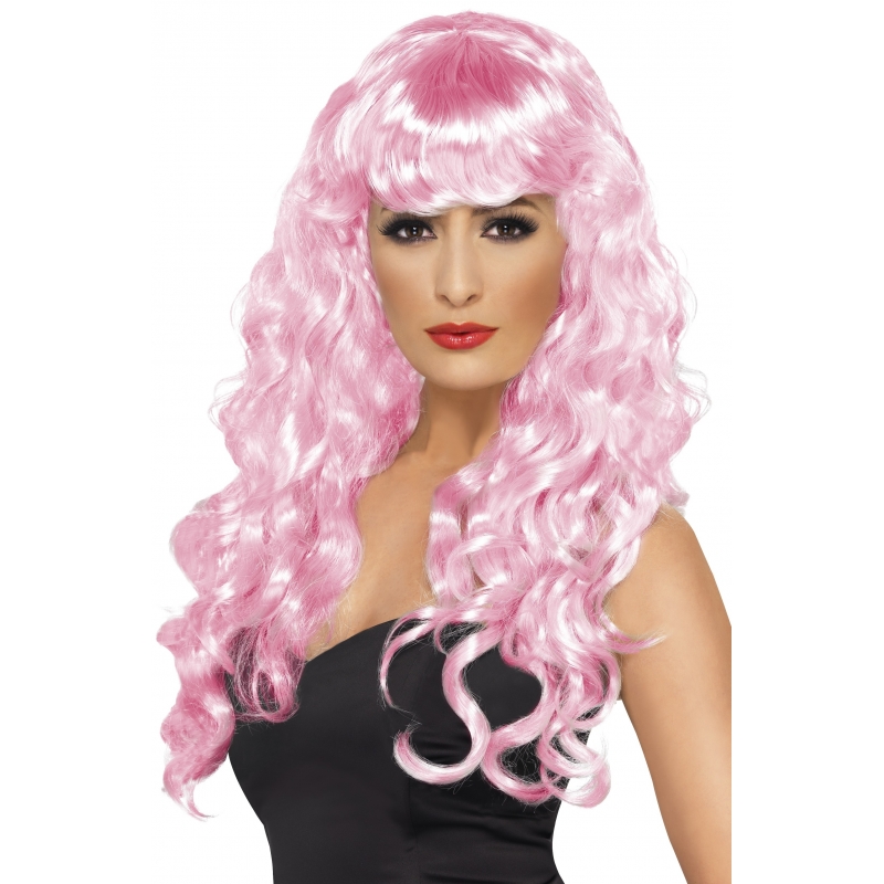 Carnaval verkleed dames pruik - krullen roze - lang haar - heksenpruik -