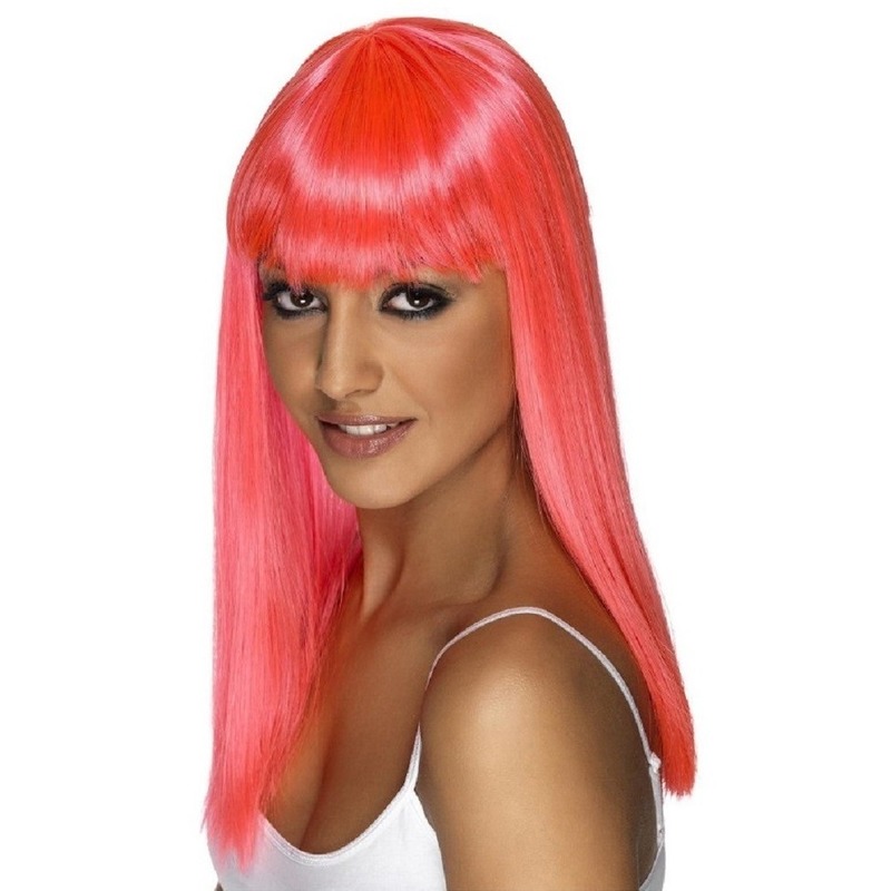 Glamour pruik met roze stijl lang haar - voor dames - verkleed pruiken - carnaval -