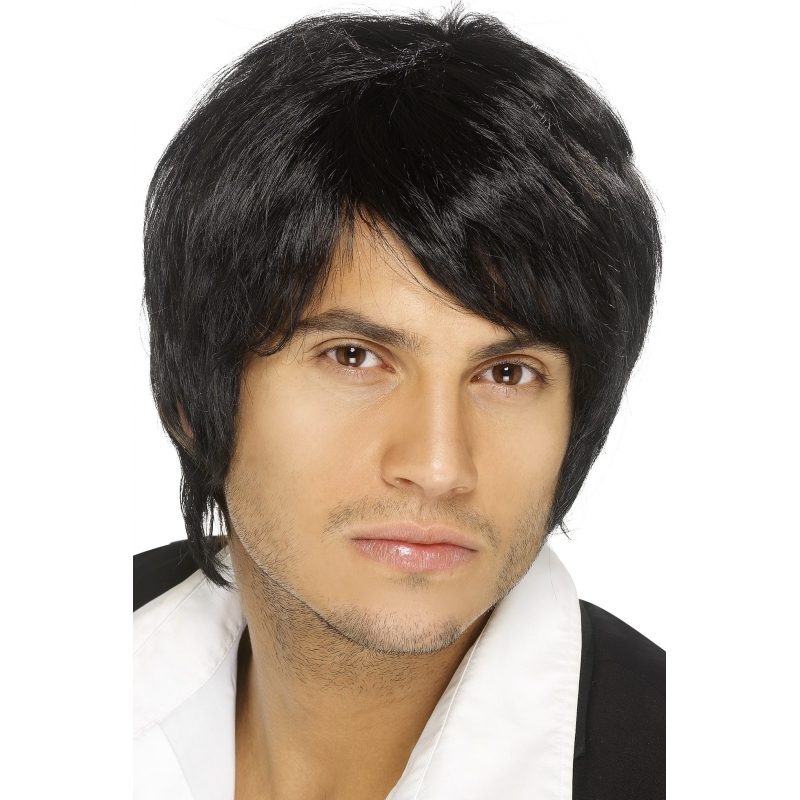 Carnaval verkleed boy band pruik - heren - zwart - kort haar -