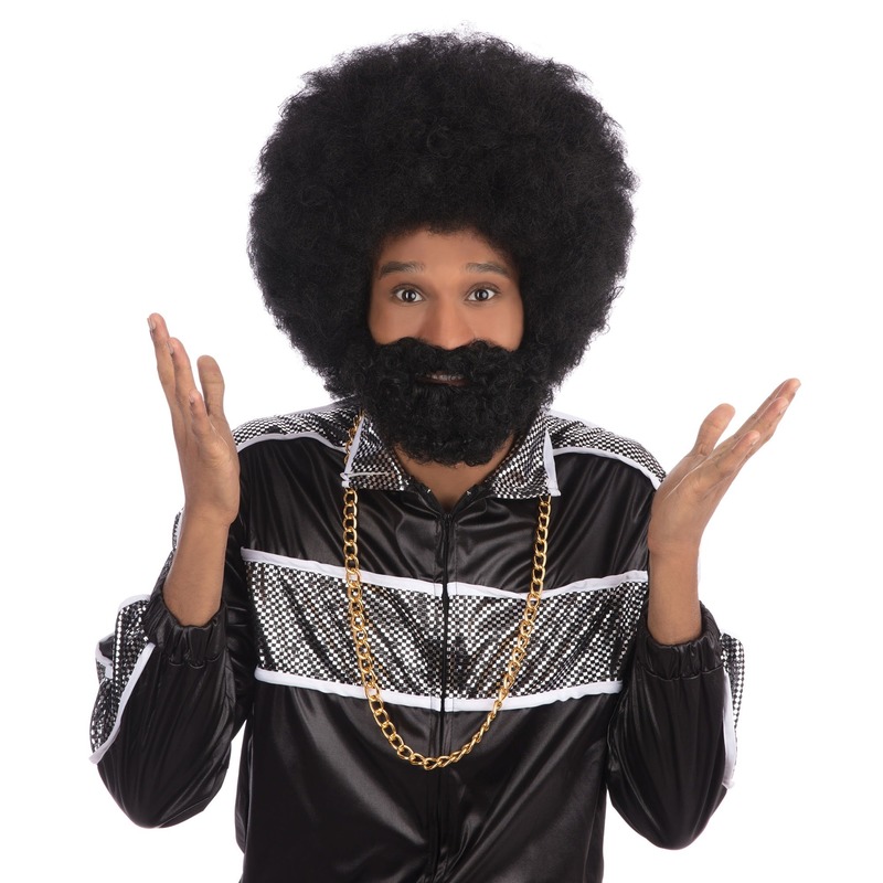 Zwarte ronde afro pruik met baard -