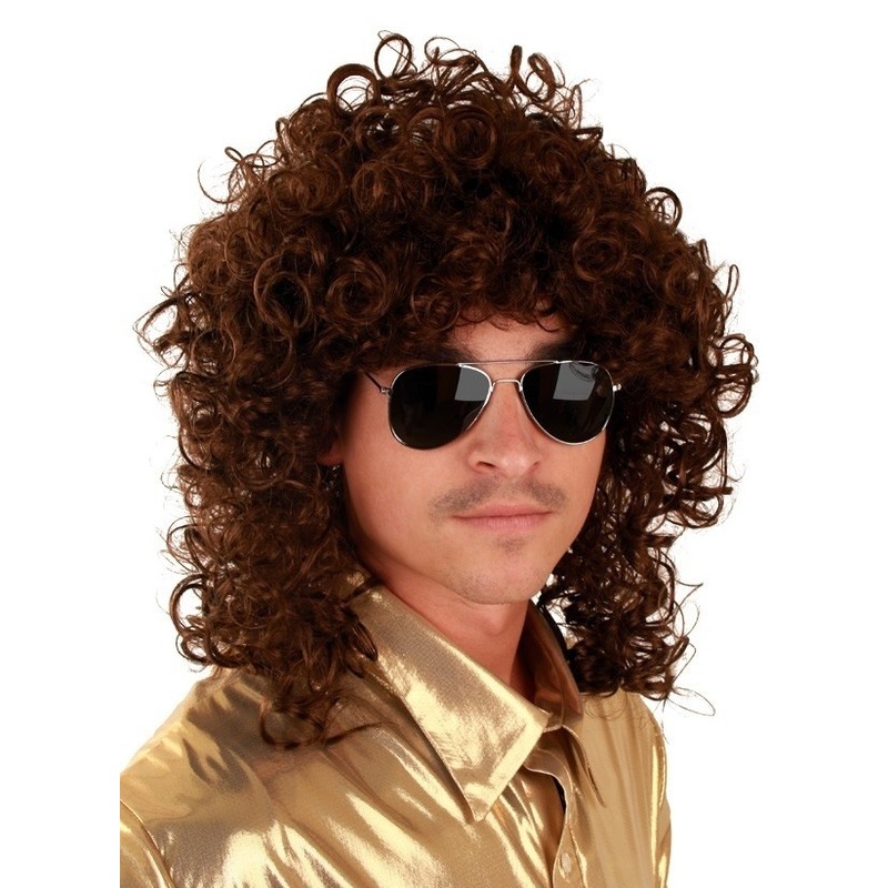 Verkleed - herenpruik - Bruine krullen - 80s pruik - Feestartikelen - Carnaval -