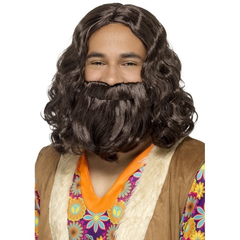Bruine hippie pruik en baard voor heren -