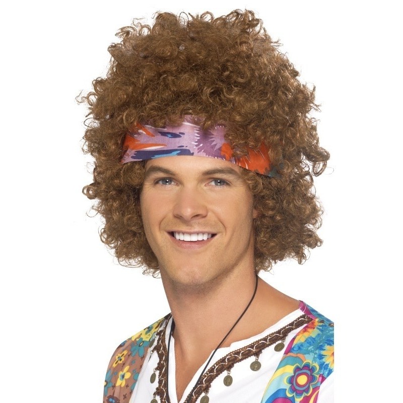 Bruine hippie pruik met haarband voor heren -