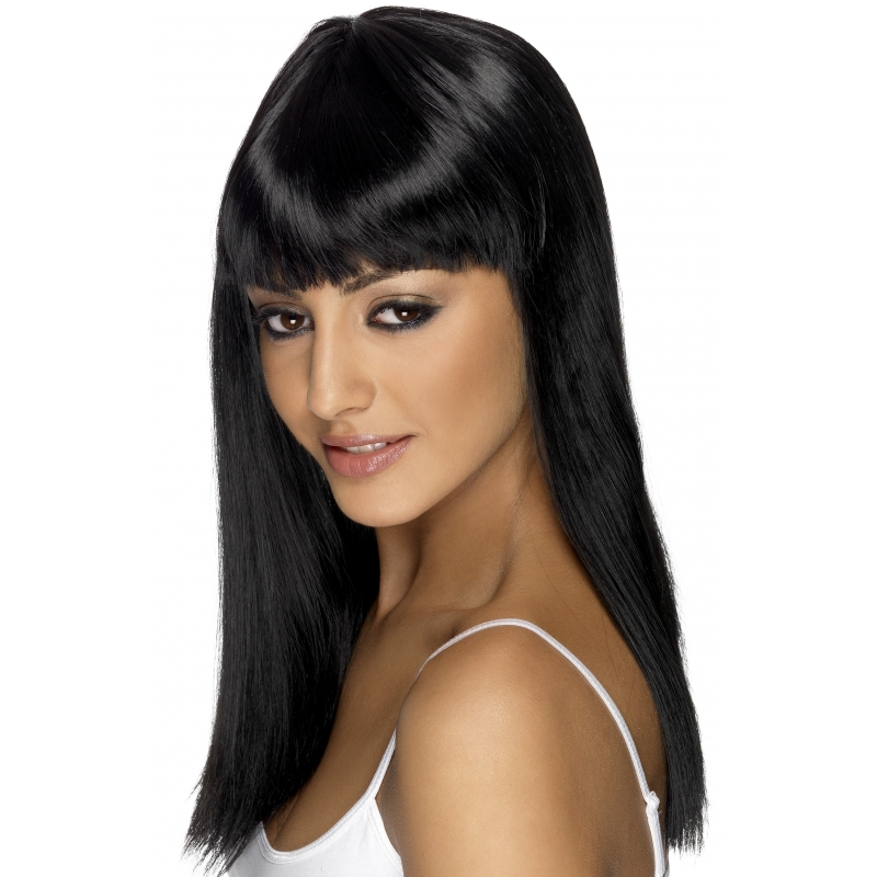 Glamour pruik met zwart stijl lang haar - voor dames - verkleed pruiken - carnaval -