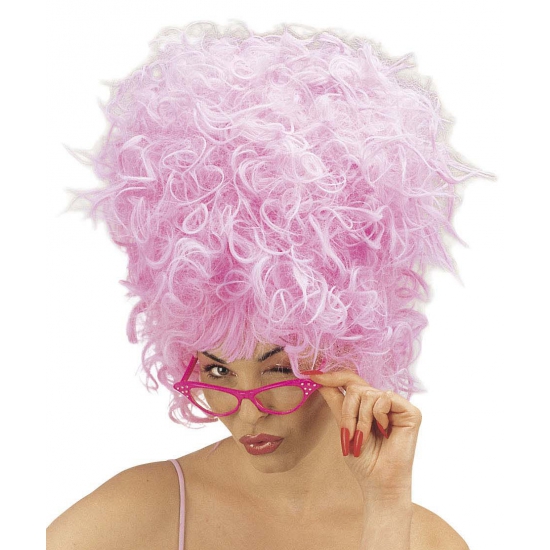Carnaval verkleed pruik voor dames - Suikerspin model - roze - krullen -
