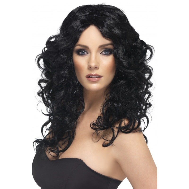 Glamour pruik met zwarte krullen -