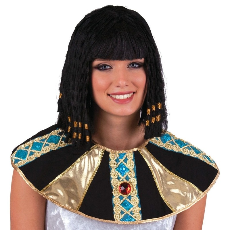 Carnaval verkleed Damespruik Cleopatra - zwart - met kraaltjes - half lang haar -