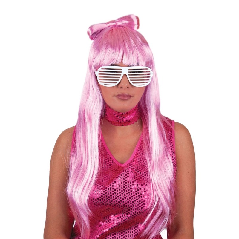 Funny Fashion Carnaval verkleed pruik - Lady Gaga damespruik - Roze - strik/pony -