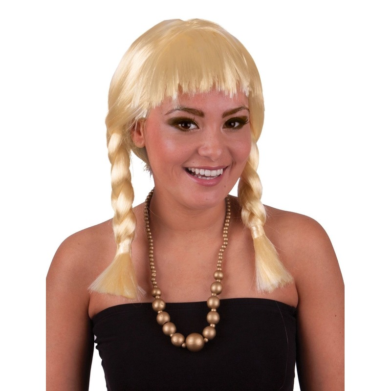 Blonde Heidi damespruik met korte vlechtjes - carnaval verkleed pruiken -