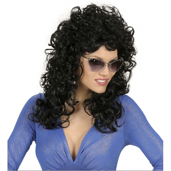 Carnaval verkleedpruik met lange krullen voor dames - zwart - jaren 70/80 -