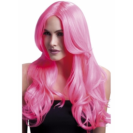 Luxe neon roze pruik met lange pony en krullen -