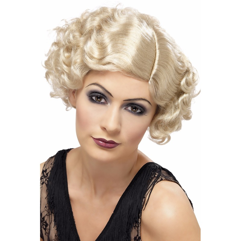 Carnaval verkleed jaren 20 damespruik - blond - kort model haar - golvend -