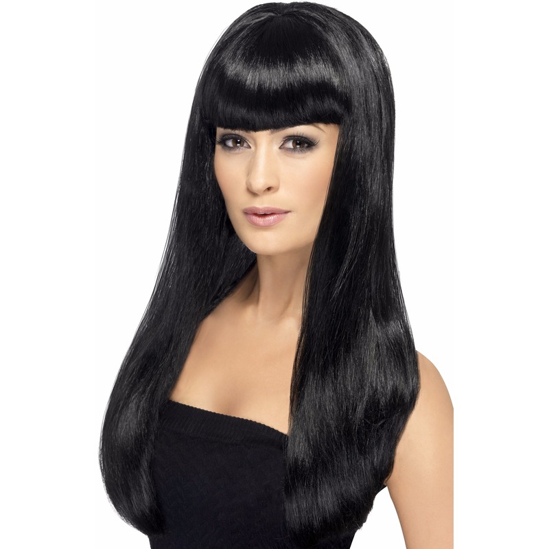 Verkleed pruik - zwart - dames - lang haar - pony - synthetisch - damespruik - Carnaval -