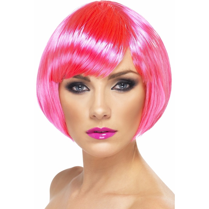 Carnaval verkleed damespruik met kort haar - neon roze - Supermodel Bobline -