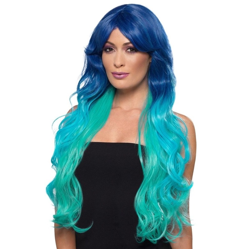 Luxe blauw/turquoise lange pruik voor dames -