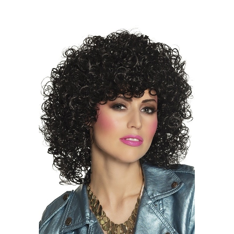 Carnaval verkleedpruik voor dames - zwart - krullen - jaren 80/eighties stijl -