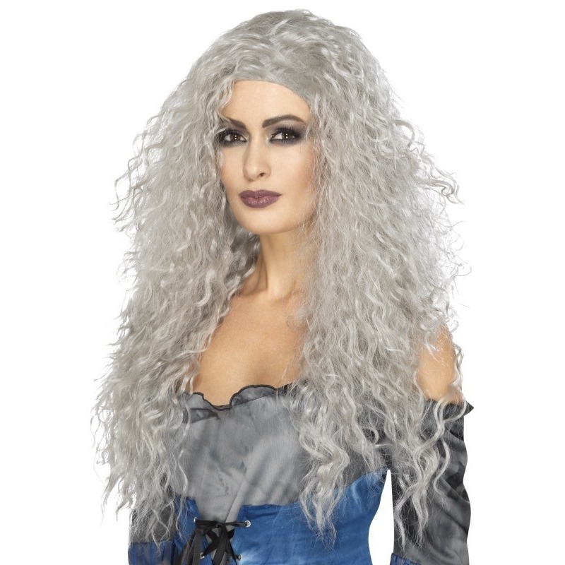 Verkleed pruik lang haar - grijs - voor dames - Heksen/Halloween thema pruiken -