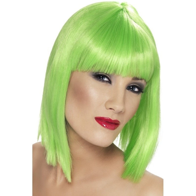 Carnaval verkleed damespruik met pony - neon groen - half lang haar -