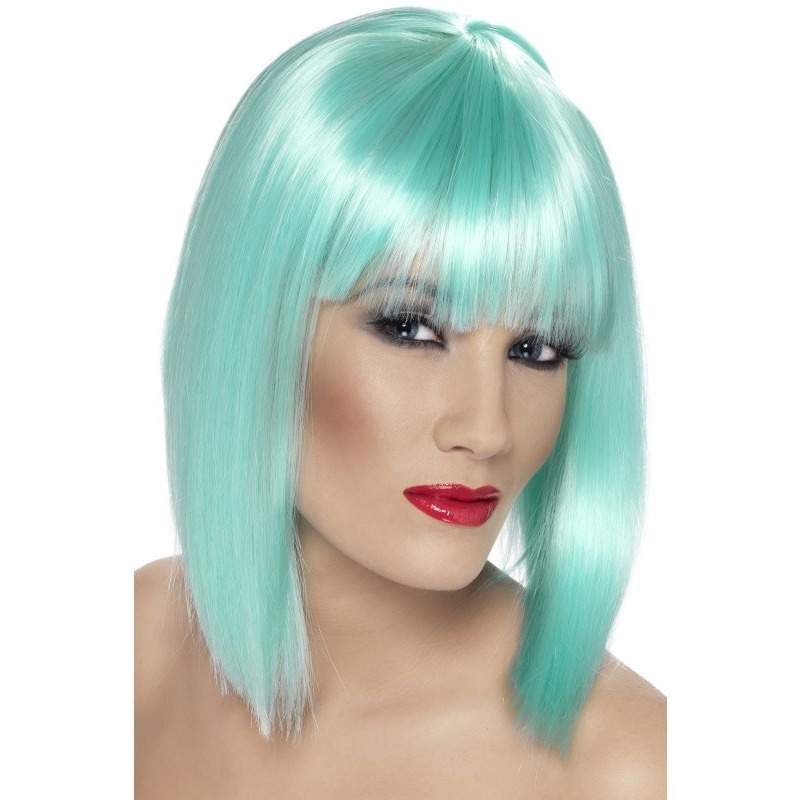 Carnaval verkleed damespruik met pony - mintgroen - half lang haar -