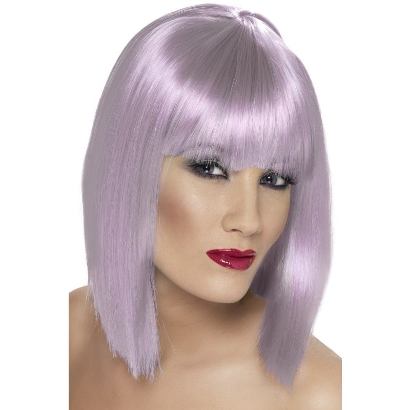 Carnaval verkleed damespruik met pony - lila paars - half lang haar -