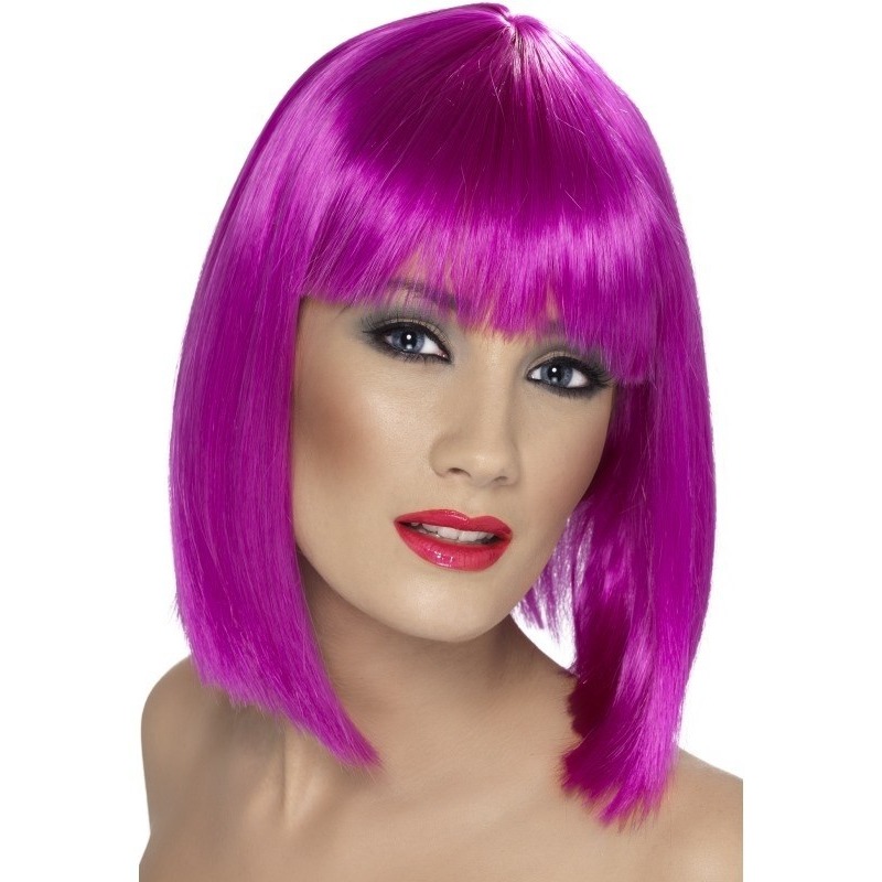Carnaval verkleed damespruik met pony - paars - half lang haar -