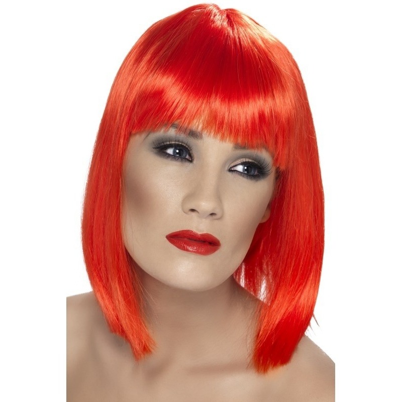 Carnaval verkleed damespruik met pony - rood - half lang haar -