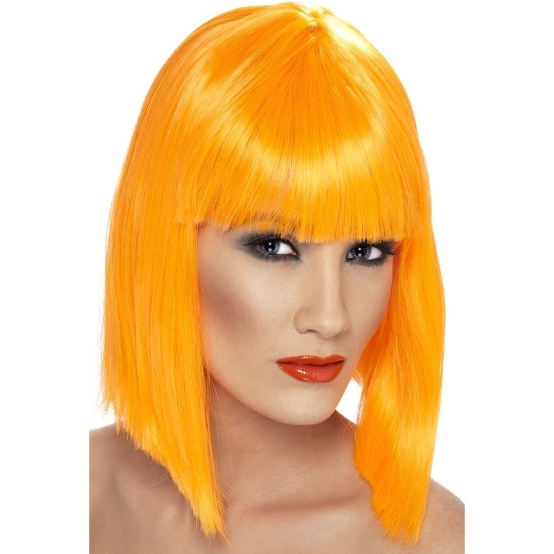 Carnaval verkleed damespruik met pony - oranje - half lang haar -