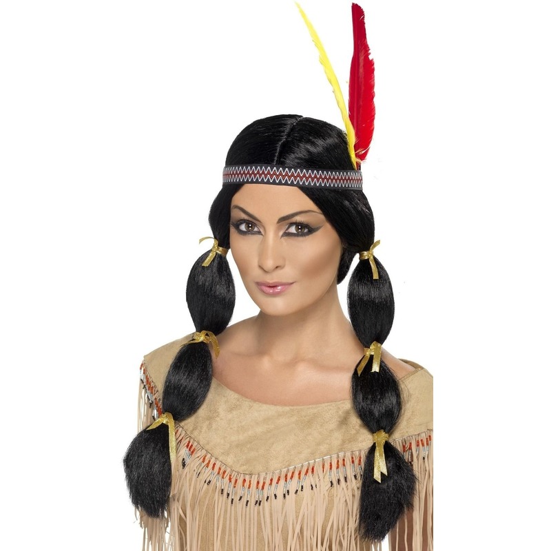 Indianen damespruik met staarten en hoofdband -