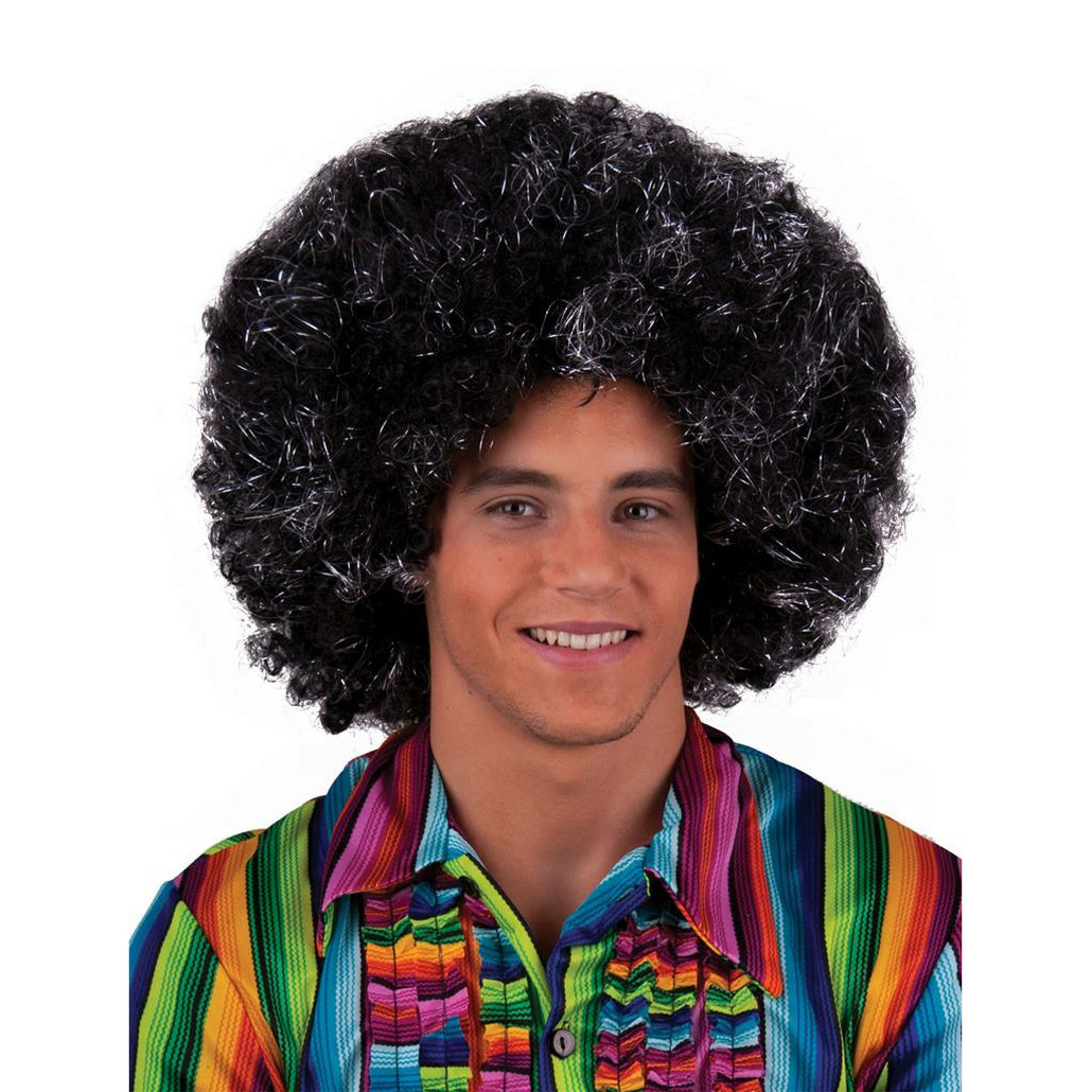 Afro pruik zilver/zwart seventies/Disco verkleed pruik voor heren -