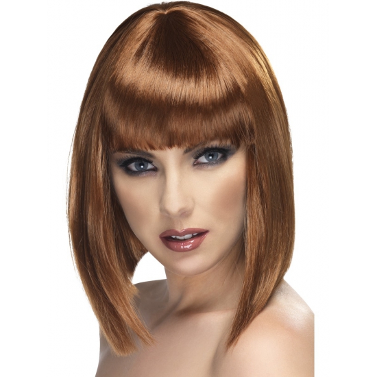 Carnaval verkleed damespruik met pony - bruin - half lang haar -