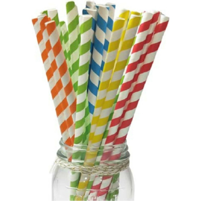 50x Gekleurde gestreepte rietjes van papier 25 cm -