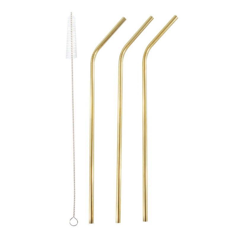 3x Herbruikbare RVS drinkrietjes goud 21 cm met borstel -