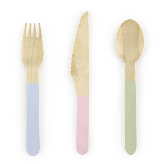 Houten bbq/verjaardag bestek setje - pastel kleuren - 18x delig - vorken/messen/lepels -