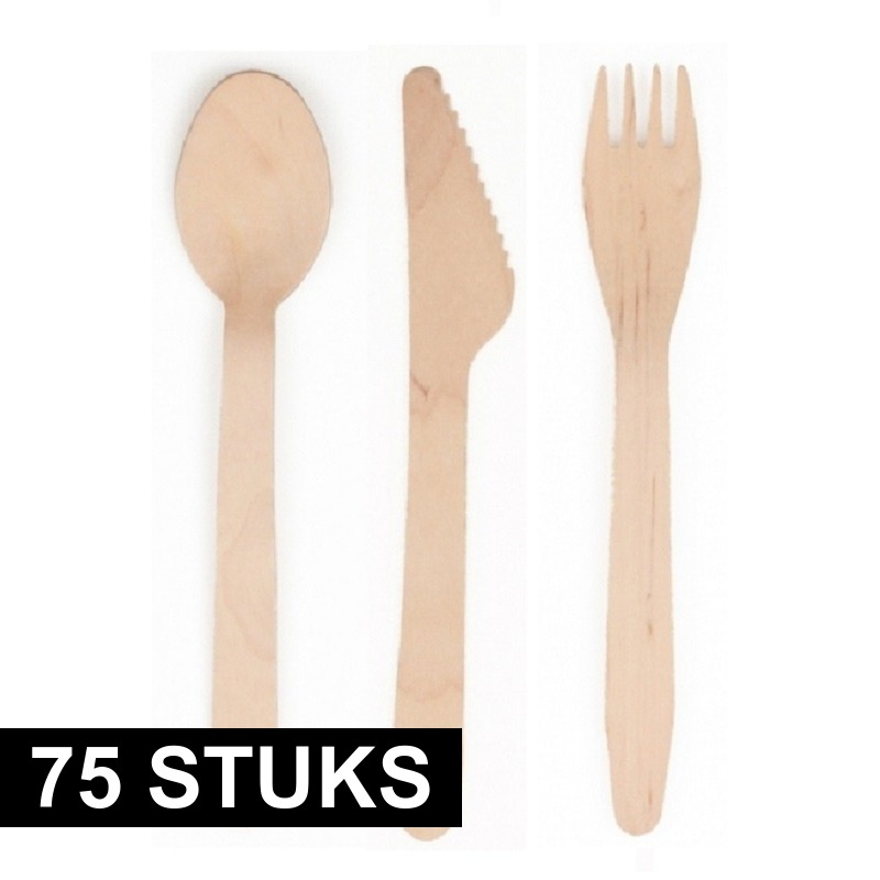 Houten wegwerp bestek set 75 delig -