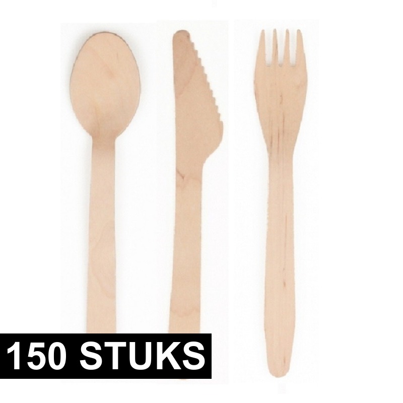 Houten wegwerp bestek set 150 delig -